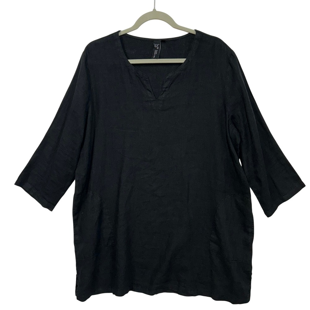 Focus Casual Life Black 100% Linen Tunic Top Split V-Neck 3/4‎ Sleeve pocket L